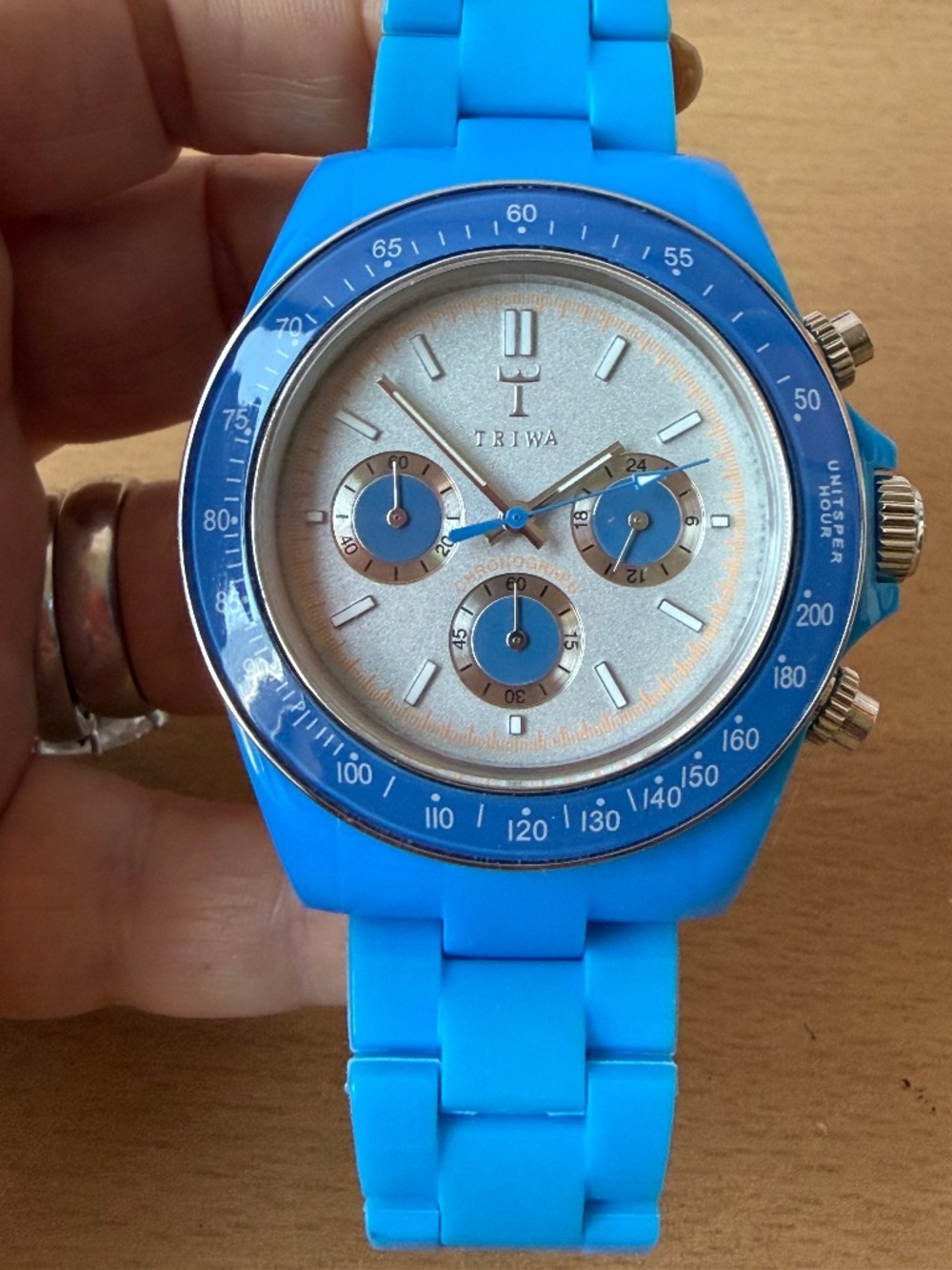 TRIWA CHRONO MENS WATCH VIVID TURQUOISE BLUE DEPLOYMENT FRESH BATTERY NEVER USED